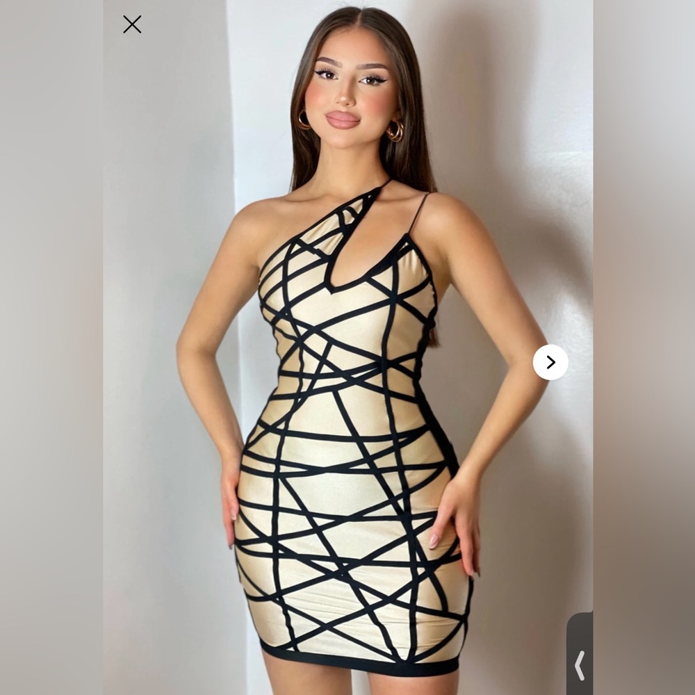 Strappy One-Shoulder Black & Cream Bodycon Dress